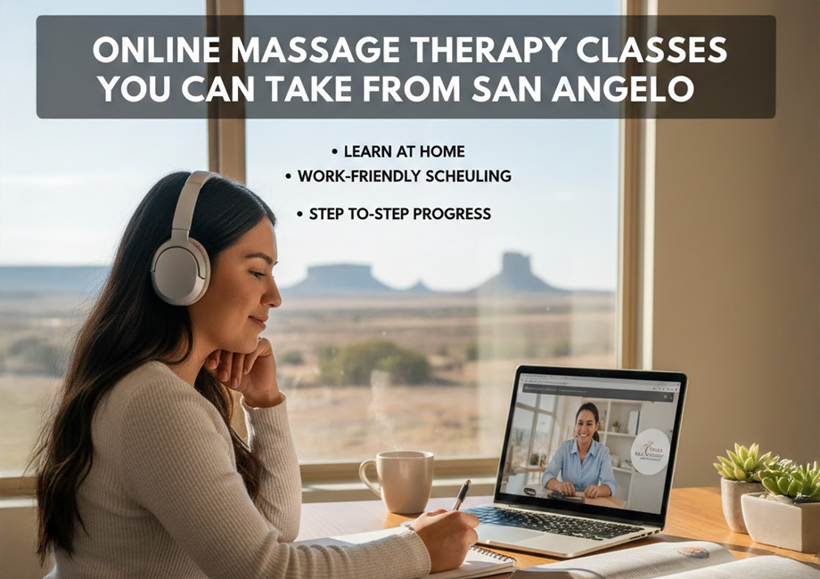 Student taking online massage therapy classes from San Angelo, Texas