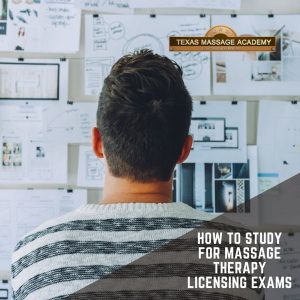 Massage Student with information on the wall to help them study. Text says How to study for massage therapy licensing exams