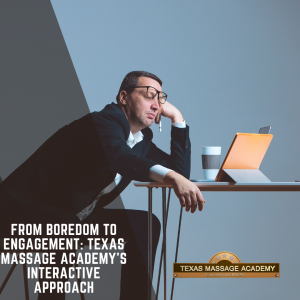 Man bored in a zoom meeting with text From Boredom to Engagement: Texas Massage Academy's Interactive Approach