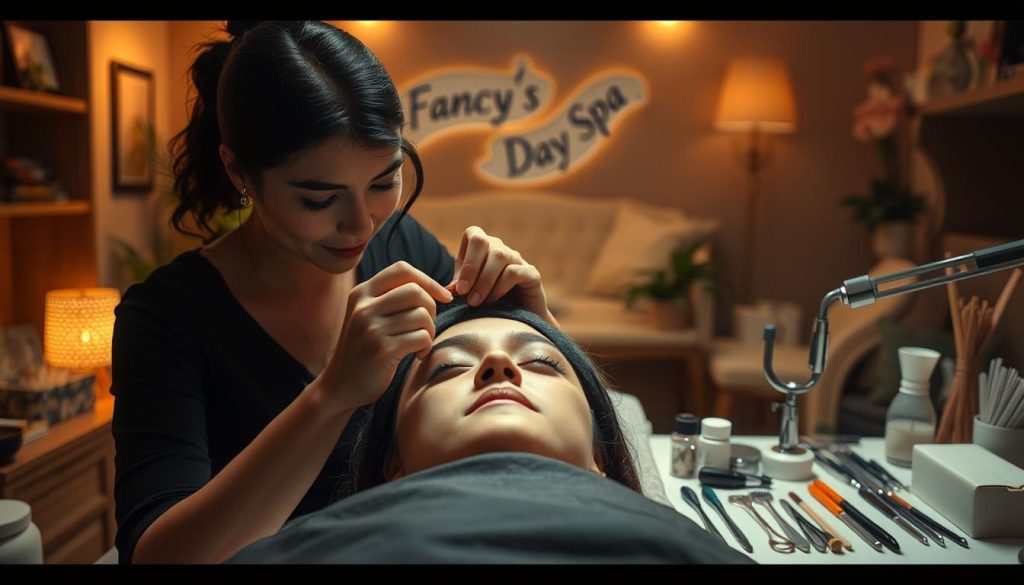A beautifully lit, cinematic scene showcasing the pros and cons of eyebrow threading. In the foreground, a skilled threading artist at "Fancy's Day Spa" delicately shapes a client's brows with precise, flowing motions. The client's face is serene, eyes closed, conveying the threading's painless, precise nature. In the middle ground, an array of threading tools and supplies are neatly arranged, symbolizing the technique's simplicity. The background reveals a cozy, spa-like setting, with warm lighting and soothing décor, suggesting threading's relaxing, indulgent experience. The overall mood is one of calm, expertise, and the juxtaposition of the pros and cons of this popular brow grooming method.