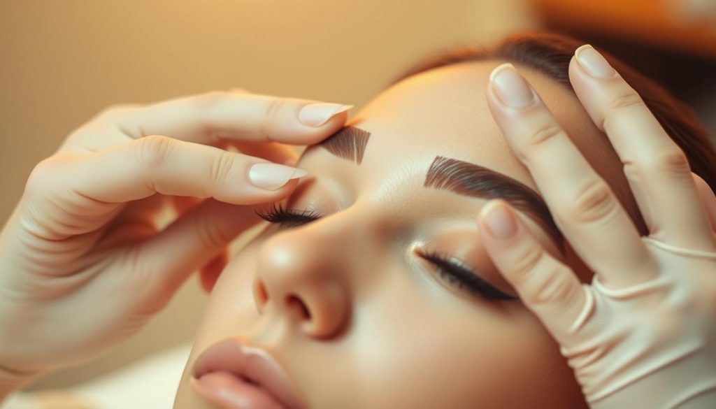 A high-quality, tightly-framed close-up shot of an expert aesthetician's hands skillfully shaping a client's perfectly arched, elegantly sculpted eyebrows at Fancy's Day Spa. Warm, flattering studio lighting casts a soft, radiant glow on the serene, tranquil scene. The aesthetician's movements are precise and measured, exhibiting a mastery of their craft. The client's face is not visible, putting the focus entirely on the intricate, meticulous process of expert eyebrow shaping.