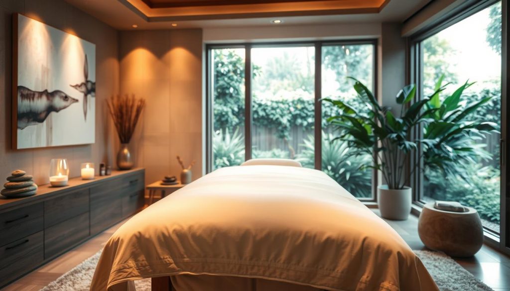 A luxurious spa setting at Fancy's Day Spa, featuring a serene massage room bathed in warm, soft lighting. In the foreground, a plush massage table draped in crisp, white linens awaits the client. Calming essential oil diffusers release delicate aromas, while soothing instrumental music plays in the background. The walls are adorned with abstract art and natural elements like river stones, creating an atmosphere of tranquility. A large window overlooks a lush, verdant garden, allowing natural light to filter in and further enhance the relaxing ambiance. The scene conveys a sense of indulgence and holistic well-being, perfectly capturing the essence of a luxury massage therapy experience at Fancy's Day Spa.