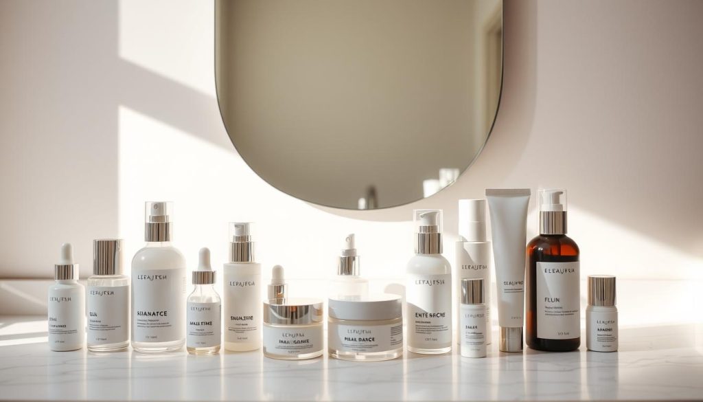 A neatly arranged vanity displaying an assortment of high-quality, customized skincare products. In the foreground, various serums, moisturizers, and cleansers in minimalist packaging sit atop a white marble surface, illuminated by soft, natural lighting filtering through a window. In the middle ground, a sleek, modern mirror reflects the serene, well-curated scene, while the background fades into a soothing, muted color palette, creating a sense of tranquility and personal care. The overall composition conveys an atmosphere of intentional self-care and a personalized skincare routine tailored to the individual's unique needs and preferences.