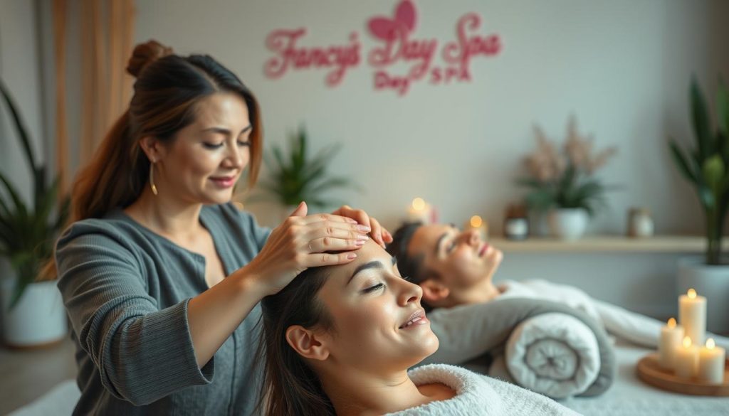 A serene and relaxing scene at Fancy's Day Spa, showcasing the art of scalp massage techniques. In the foreground, a woman's hands gently kneading and massaging the scalp of a client, their eyes closed in a blissful expression. The middle ground features a tranquil, soothing atmosphere with soft lighting and a calming, natural color palette. In the background, subtle details of the spa environment, such as plants, candles, and relaxing décor, create a sense of tranquility and wellbeing. The overall composition emphasizes the focus on the scalp massage, with a warm, inviting mood that reflects the nurturing and therapeutic nature of the DIY techniques.