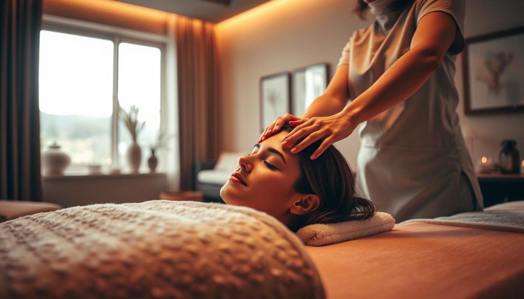 Scalp massage scene in Fancy's Day Spa: A tranquil, dimly lit treatment room with warm, natural lighting filtering through a large window. In the foreground, the hands of a skilled massage therapist gently working their fingers across a client's scalp, eliciting a serene expression on their face. Plush textures of the massage table and linens create a comforting, luxurious ambiance. In the background, a simple but elegant decor with soft, earthy colors and minimal furnishings to maintain a calming, spa-like atmosphere. Seamless integration of the Fancy's Day Spa branding through subtle, tasteful accents.