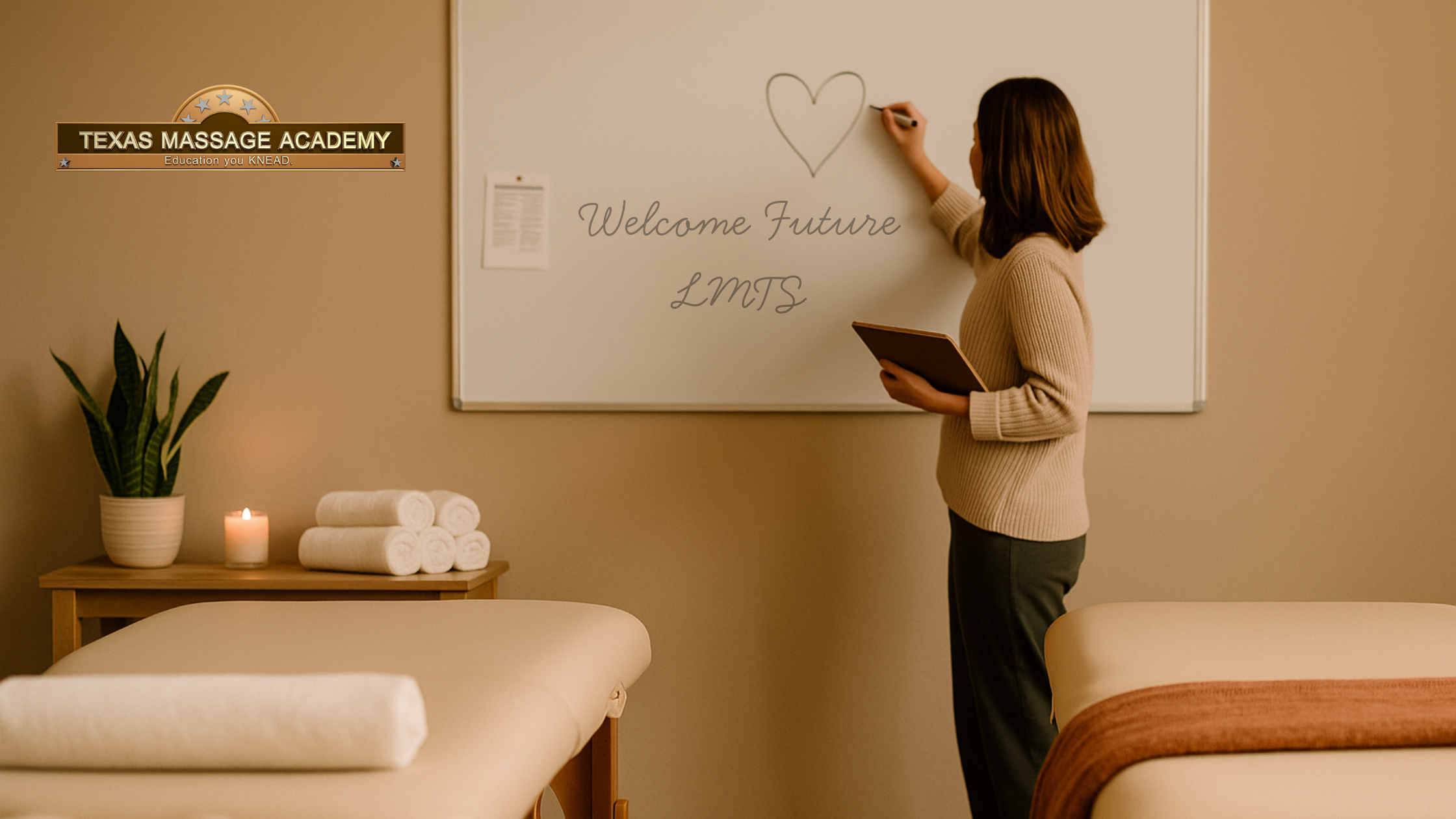 Massage therapy instructor writing on a whiteboard that says ‘Welcome Future LMTs’ in a warm classroom at Texas Massage Academy, with massage tables, rolled towels, a candle, and a potted plant creating a cozy and inviting atmosphere.