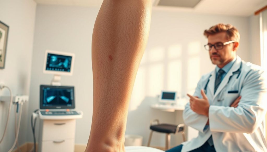 The back of a leg for a person in a doctors office