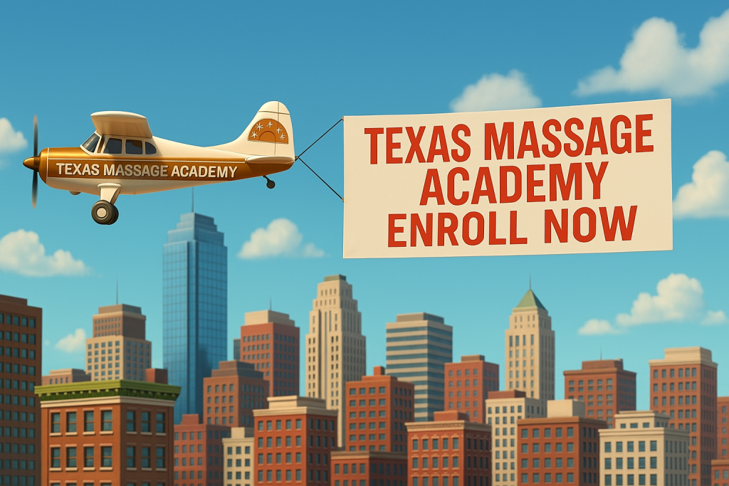 Cartoon-style airplane flying over a city skyline with a banner reading ‘Texas Massage Academy Enroll Now.