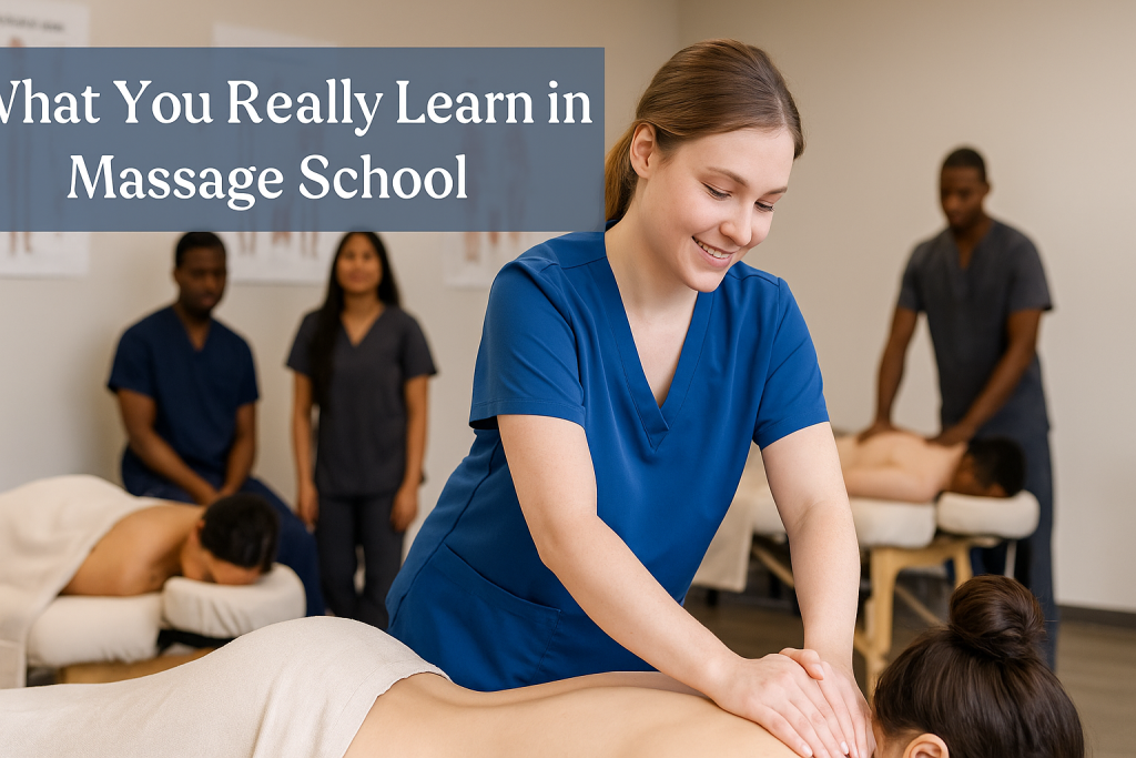 Students learning massage in a massage room with the text "What your really learn in massage school"