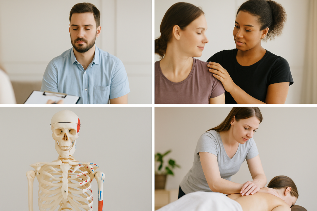 This is a collage of students learning different things in massage school including consultations with clients, performing assessments, boney landmarks as well as how to perform a massage. 