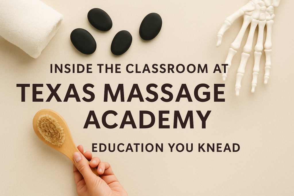 Promotional banner for Texas Massage Academy featuring a serene classroom scene with massage tables and students practicing techniques, overlaid with the headline 'Inside the Classroom at Texas Massage Academy' and the tagline 'Education You Knead.