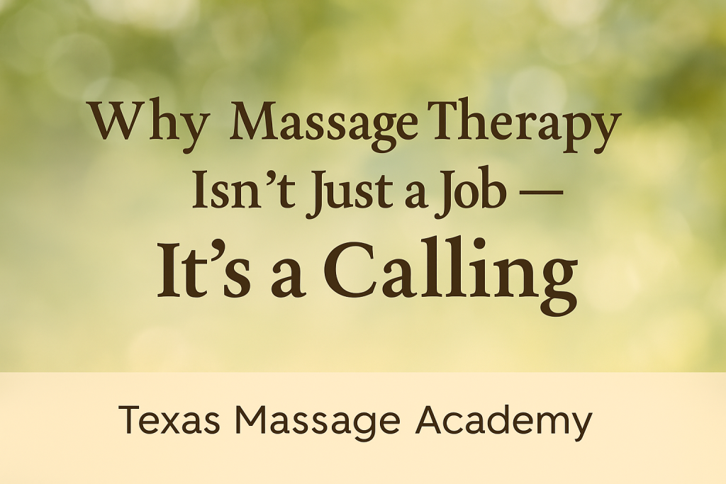 Inspirational text overlay on a blurred background with soft colors reading: "Massage Can Be a Calling — Not Just a Career"