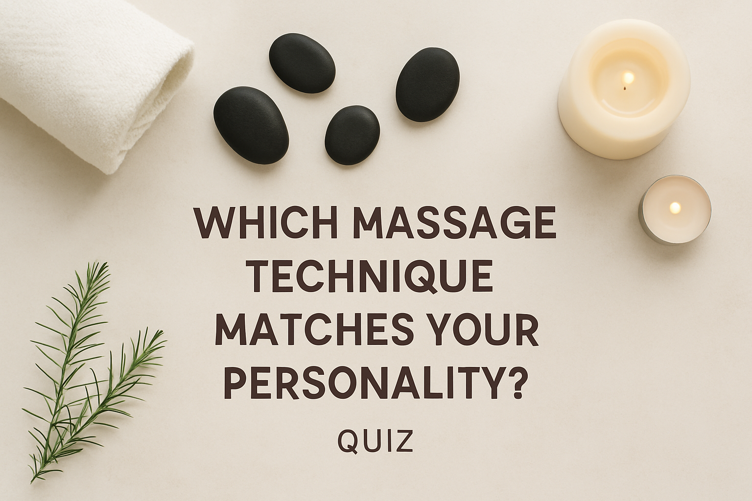 Flat lay of spa items including black massage stones, rolled towel, candles, and rosemary sprig on a beige background with centered text that reads: 'Which Massage Technique Matches Your Personality? Quiz.'