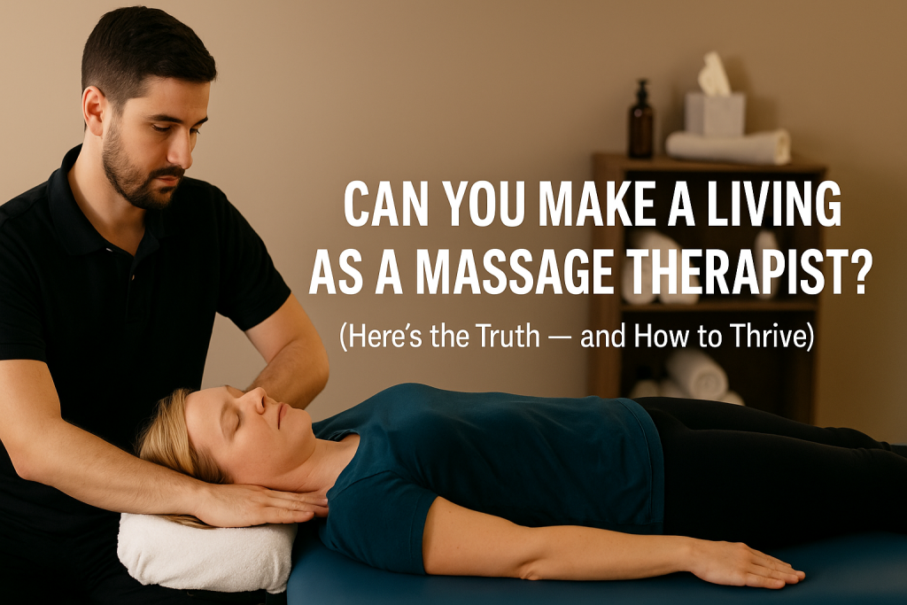 A student practicing massage therapy with the text that says can you make a living as a massage therapist? (Here's the truth - and how to thrive)
