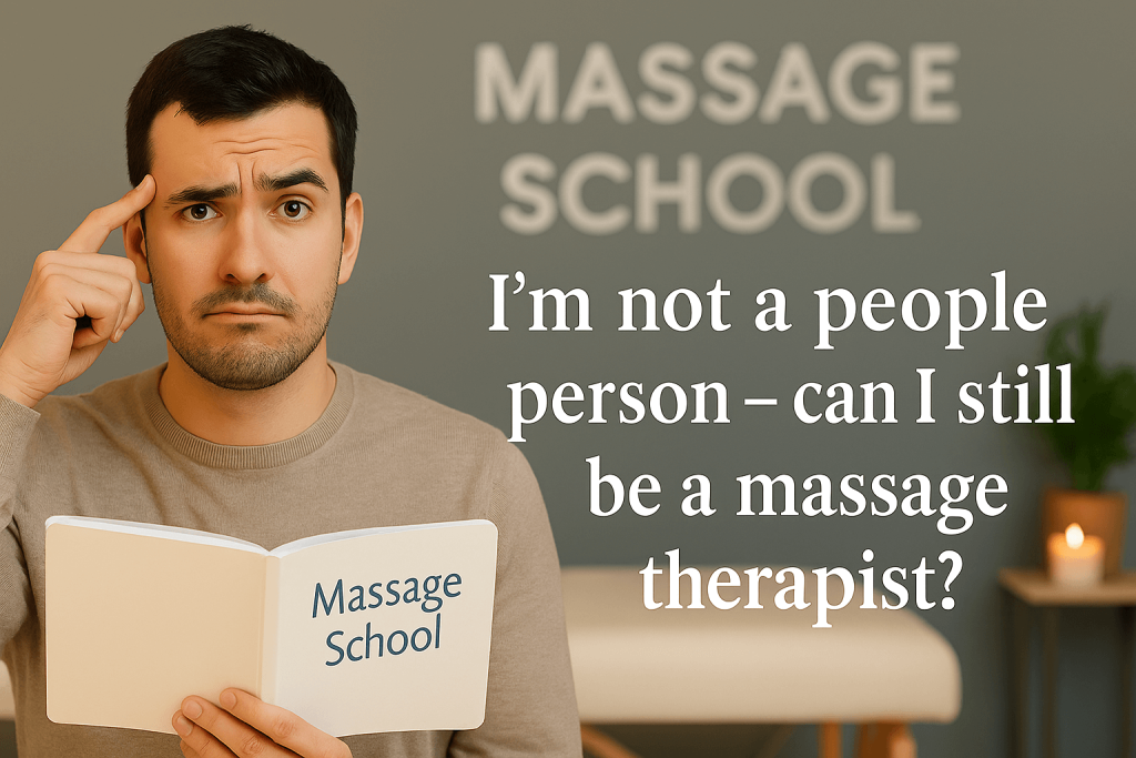 A guy looking confused in a massage school with the text overlay I'm not a people person - can I still be a massage therapist?