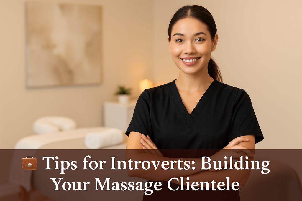 Girl wearing black scrubs smiling confidently with the text overlay Tips for Introverts: Building your massage clientele