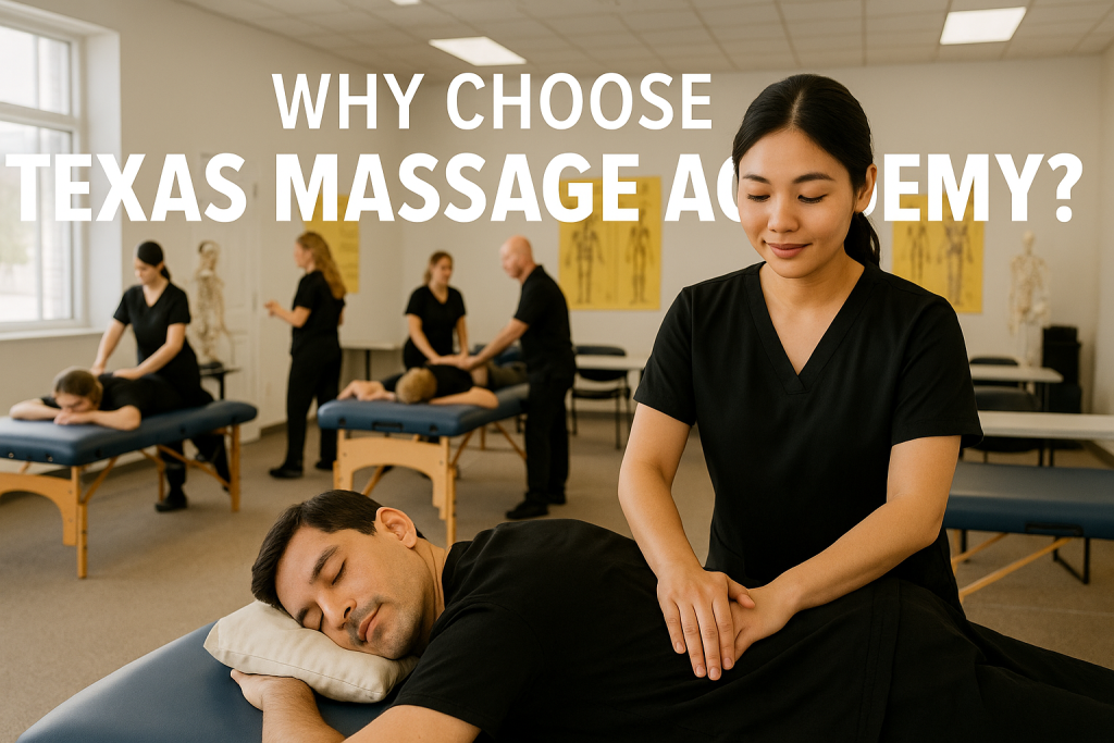 Students practicing massage therapy in a massage classroom with the text Why Choose Texas Massage Academy