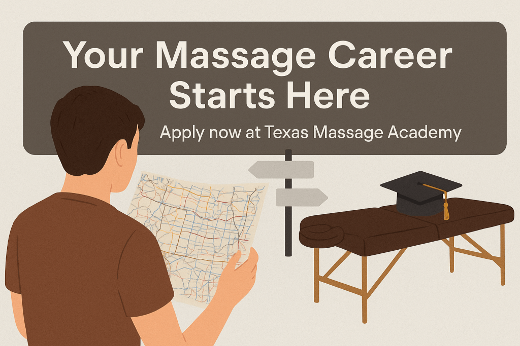 Illustration of a person holding a roadmap, facing a signpost and a massage table with a graduation cap on it. Text reads 'Your Massage Career Starts Here' with subtext 'Apply now at Texas Massage Academy.'