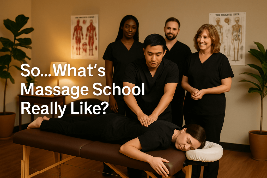 Students at Texas Massage Academy learning massage with an overlay that says "So...What's Massage School Really Like?"