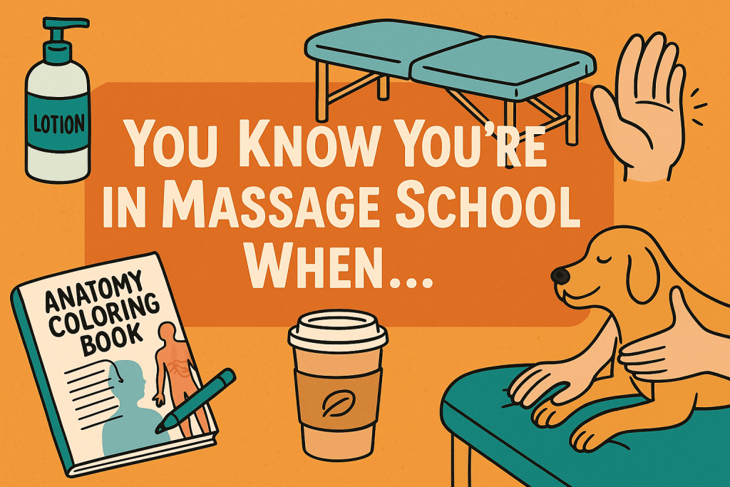 Cartoon-style illustration with the title “You Know You’re in Massage School When…” surrounded by items like a lotion bottle, massage table, anatomy coloring book with pen, coffee cup, a raised tired hand, and a smiling dog receiving a massage.