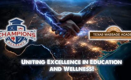 Texas-shaped map glowing with light, symbolizing connection across the state. Two hands clasp in unity above the map, representing partnership. Logos for Champions Academy and Texas Massage Academy are featured, with bold text reading 'Uniting Excellence in Education and Wellness!'