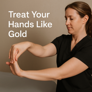 A female massage therapist stretches her own wrist and forearm with a calm, focused expression. She wears black scrubs and stands against a neutral background. Text overlay reads “Treat Your Hands Like Gold.”