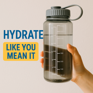 A hand holds a translucent gray water bottle with measurement markings. To the left, bold blue and yellow text reads “HYDRATE LIKE YOU MEAN IT,” against a clean, neutral background.