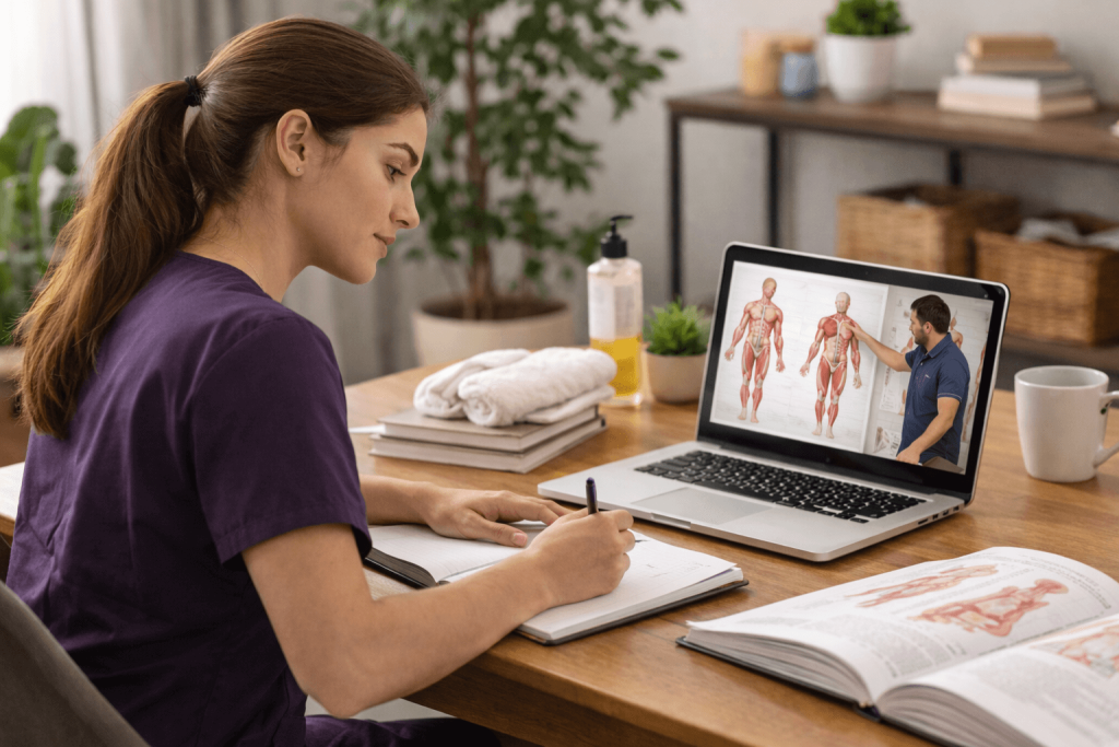 Massage therapy student studying muscular anatomy during online coursework at Texas Massage Academy
