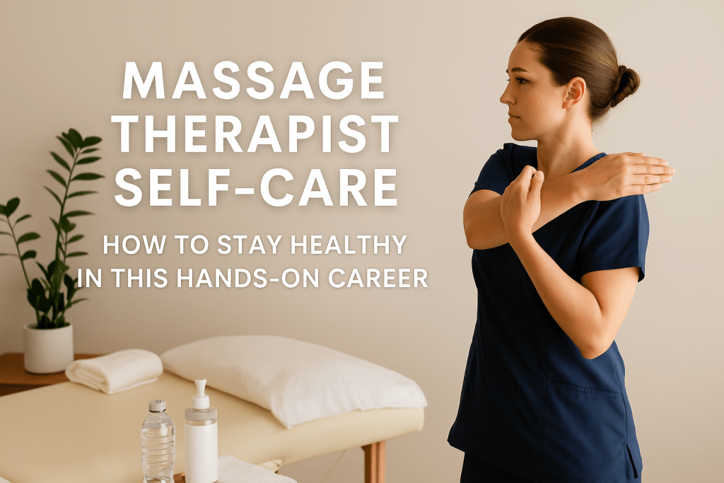 A female massage therapist in navy scrubs stretches her arm across her chest in a peaceful spa room. A massage table, lotion, and water bottle are visible. Text reads “Massage Therapist Self-Care: How to Stay Healthy in This Hands-On Career.”