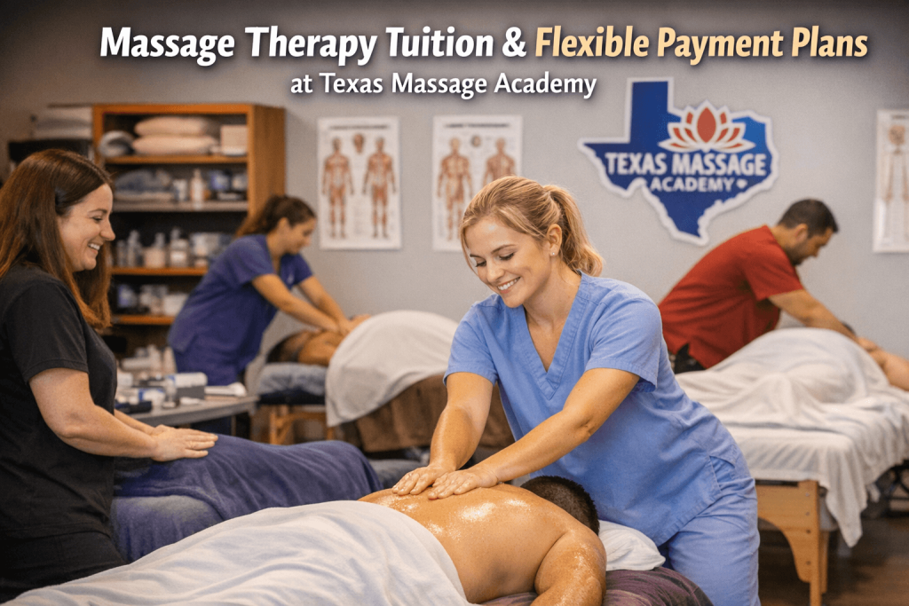 Massage therapy students practicing hands-on techniques at Texas Massage Academy in Brownwood, Texas