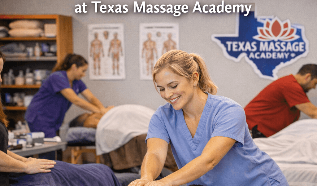 Massage therapy students practicing hands-on techniques at Texas Massage Academy in Brownwood, Texas