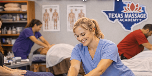 Massage therapy students practicing hands-on techniques at Texas Massage Academy in Brownwood, Texas