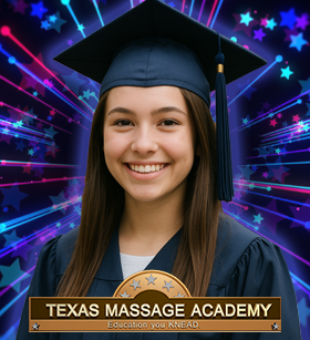 Female graduating from Texas Masasge Academy smiling in cap and gown female student at Texas Massages Academy in cap and gown