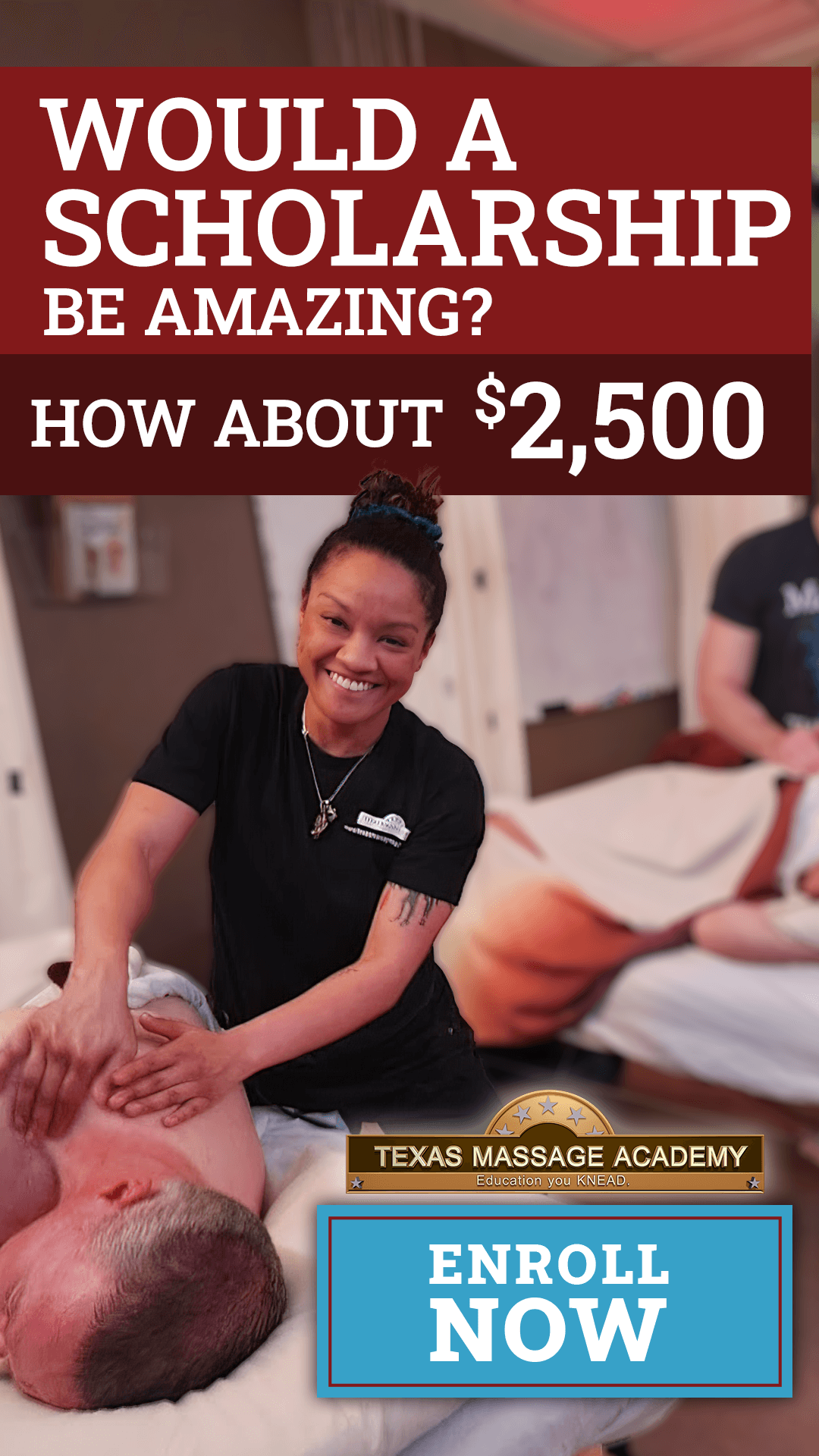 female massage therapy student smiling at camera and loving massage school telling you to explore grant or scholarship options for your edcuation